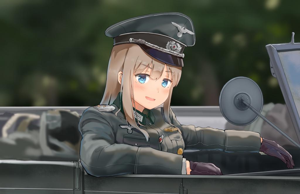 Konachan.com - 302008 aqua_eyes blush brown_hair car gloves hat military original unicron_(brous) uniform